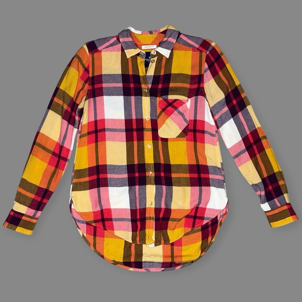 American Eagle Boyfriend Fit Plaid Flannel Shirt Womens XS Orange Yellow Boho